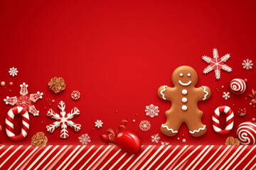 Naklejka premium man gingerbread december food sweet red background cookie decoration christmas holiday homemade. Generative AI.