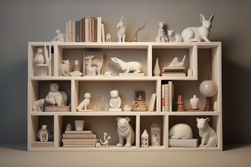 a white square shelf with books on it, in the style of soft sculptures, muted tonality, painting and writing tools, spiritualcore, gray, animal figurines, post-internet aesthetics generative ai