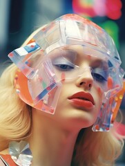 Future on her face: outdoorsy women adorn shiny plastic mask - unique fashion accessory for modern day girls - obrazy, fototapety, plakaty