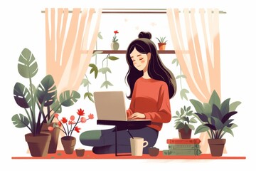 Illustration of a woman using her laptop at a desk surrounded by lots of lush green pot plants - created with Generative AI technology