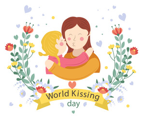 World kissing day card Happy international kiss holiday greeting cartoon poster Parents and kids 