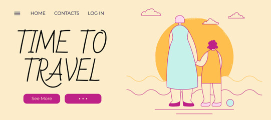 Family travel concept. Mother and daughter on the beach. Summer Activities, Relax with sea sunset. Time to travel landing page template