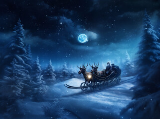 reindeer santa winter claus sleigh gift december night claus holiday christmas. Generative AI.