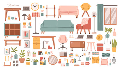 Living room interior flat style home elements set isolated on white. Vector sofa, armchair, shelves illustration