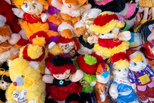 A lot Colorful Lot of Soft Toys Displayed for Kids Stock Photo