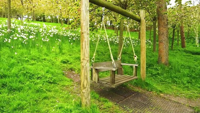 Duża drewniana huśtawka kołysząca się na linach. 
Piękny zielony park w słoneczny dzień. 