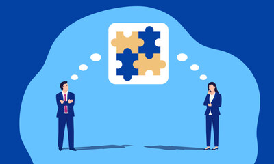 Teamwork, man and woman thinking about how to work together. Vector concept illustration of teamwork for efficiency