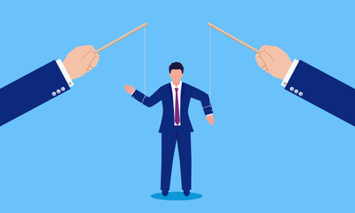 Puppet, manipulating a business man with both hands. Conceptual illustration of manipulating the market.