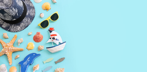nautical, vacation and travel banner with sea life style objects. Top view