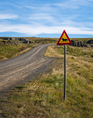 Icelandic horses warning roadsign at gravel road in Iceland