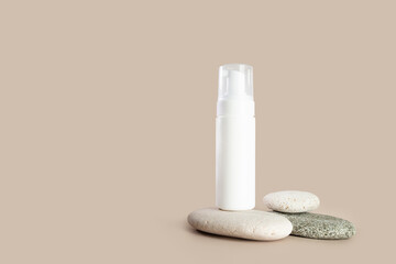 Facial foam in a bottle with brush, facewash dispenser, beauty skincare cosmetic in pump container