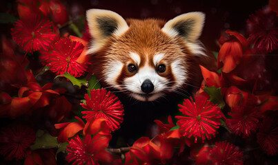 Obraz premium red panda with red flowers. Generative AI image.