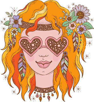 Girl hippie in heart shape glasses with flowers, feathers in hair. Retro style. Groovy fashion of 70s, 60s. Cute hippy woman with sunglasses, vector hand drawn illustration. Woodstock girl character