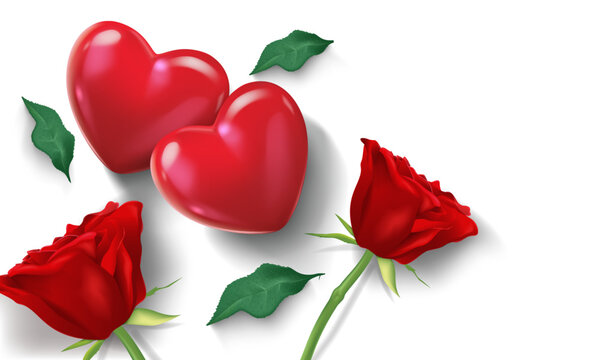 vector illustration romence background design template top view.two hearts and rose flowers and rose leafs on the white background isolated.use for valentine's day card design and lover concept.