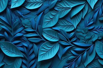 An abstract blue background made of 3D leaves.