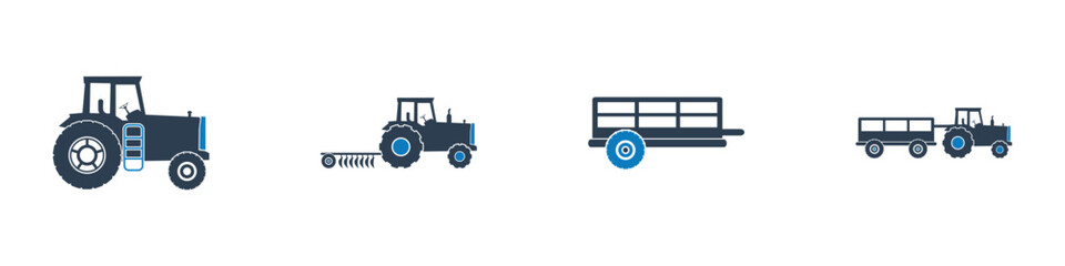 Tractor and Trolley Icon Set. Editable Flat Vector Illustration.