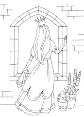 Princes standing near window graphic black white coloring illustration vector