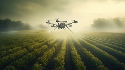 Fototapeta premium Flying drone above the wheat field, Generative AI