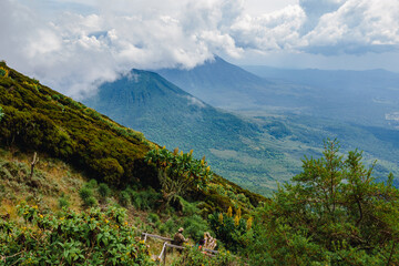 Mount Gahinga and Mount Sabyinyo seen from Mount Muhabura in Uganda