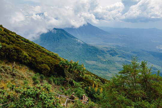 Mount Gahinga and Mount Sabyinyo seen from Mount Muhabura in Uganda