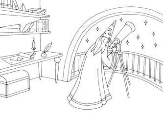 Astrologer astronomer interior graphic black white sketch illustration vector