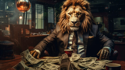 Fototapeta na wymiar An anthropomorphic lion in a suit counts banknotes