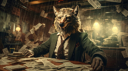 An anthropomorphic wolf in a suit counts banknotes