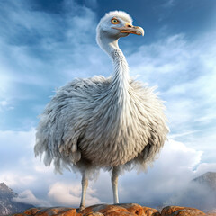 big fluffy bird standing on the mountain top. Generative AI image.