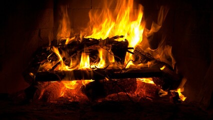 Fiery Intensity: Front View Closeup of Blazing log fire Against a Dark Background, fire footage 