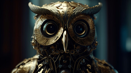 Naklejka premium half man-machine half owl, humanoid cyborg and owl