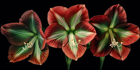 Fototapeta premium red, green amaryllis lily flowers. Generative AI image.
