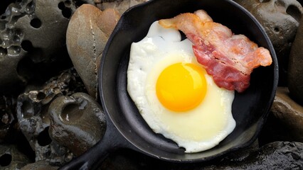 Perfect Pairing: Top-View Close-up of fried egg in the iron pan in 4k resolution 
