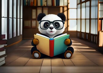 Cute little panda reading book, created using generative ai
