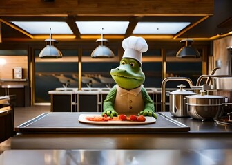 Chef crocodile cooking food, using generative ai