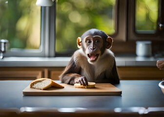 Cute monkey eating bread, using generative ai