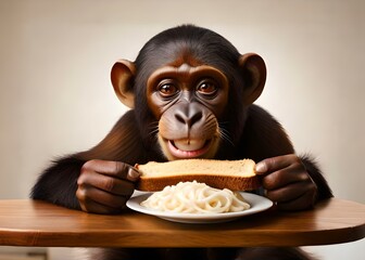 Chimpanzee eating food, portrait background using generative ai