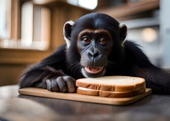 Chimpanzee eating sandwich food in the kitchen, portrait using generative ai