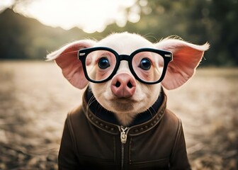 Portrait of dressed up cute pig wearing glasses using generative ai