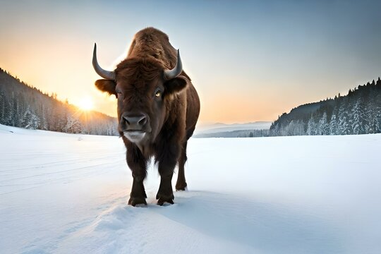european bison in group at the snow