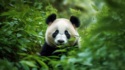 Cute panda in the jungle. Ai generative.