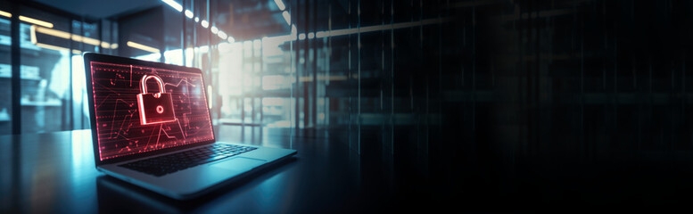 laptop on desk in modern office with red glow and a padlock on the screen - copy space - importance of cyber security -  danger of cyber attacks - importance of corporate data - generative ai