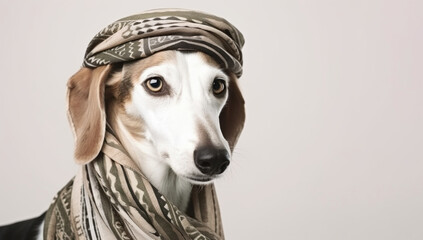 Cute Arabian Saluki with keffiyeh wrapped around head, on studio background. Banner with copy space. AI generative