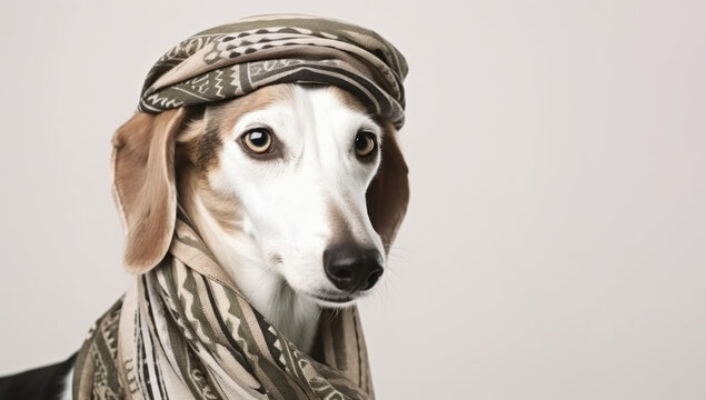 Cute Arabian Saluki with keffiyeh wrapped around head, on studio background. Banner with copy space. AI generative