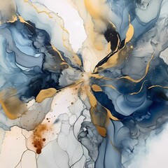 Abstract blue fluid art with gold — marble blue fluid background. Alcohol ink smudges, stains and spots made with by digital instruments. Fluid art texture resembles blue watercolor or aquarelle.