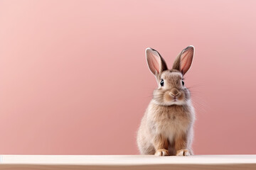 Bunny rabbit sitting in front of wall with copy space