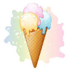 Melting ice cream balls in the waffle cone isolated on colorful background.  Ice cream with decoration. Vector illustration isolated on a white background.