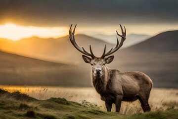 stag in the forest at sunset