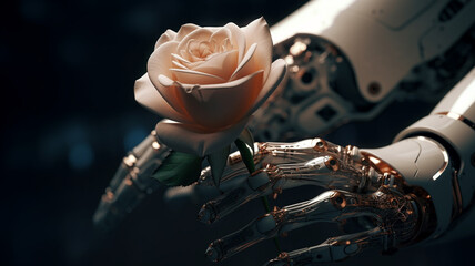 Shiny metal robot hand holding a pink rose, technology and nature, robotic arm