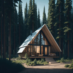 Exterior Cottage House, Large Glass Windows, Wood Structure, Deep Forest, Sunny day, generative AI