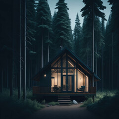 Exterior Cottage House, Large Glass Windows, Wood Structure, Deep Forest, Night, generative AI